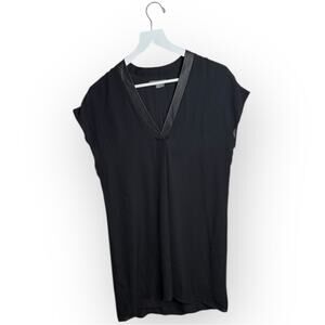 Vince Silk Shift Dress Leather V-Neck Trim Lined Sleeveless Black W1951 Sz XS